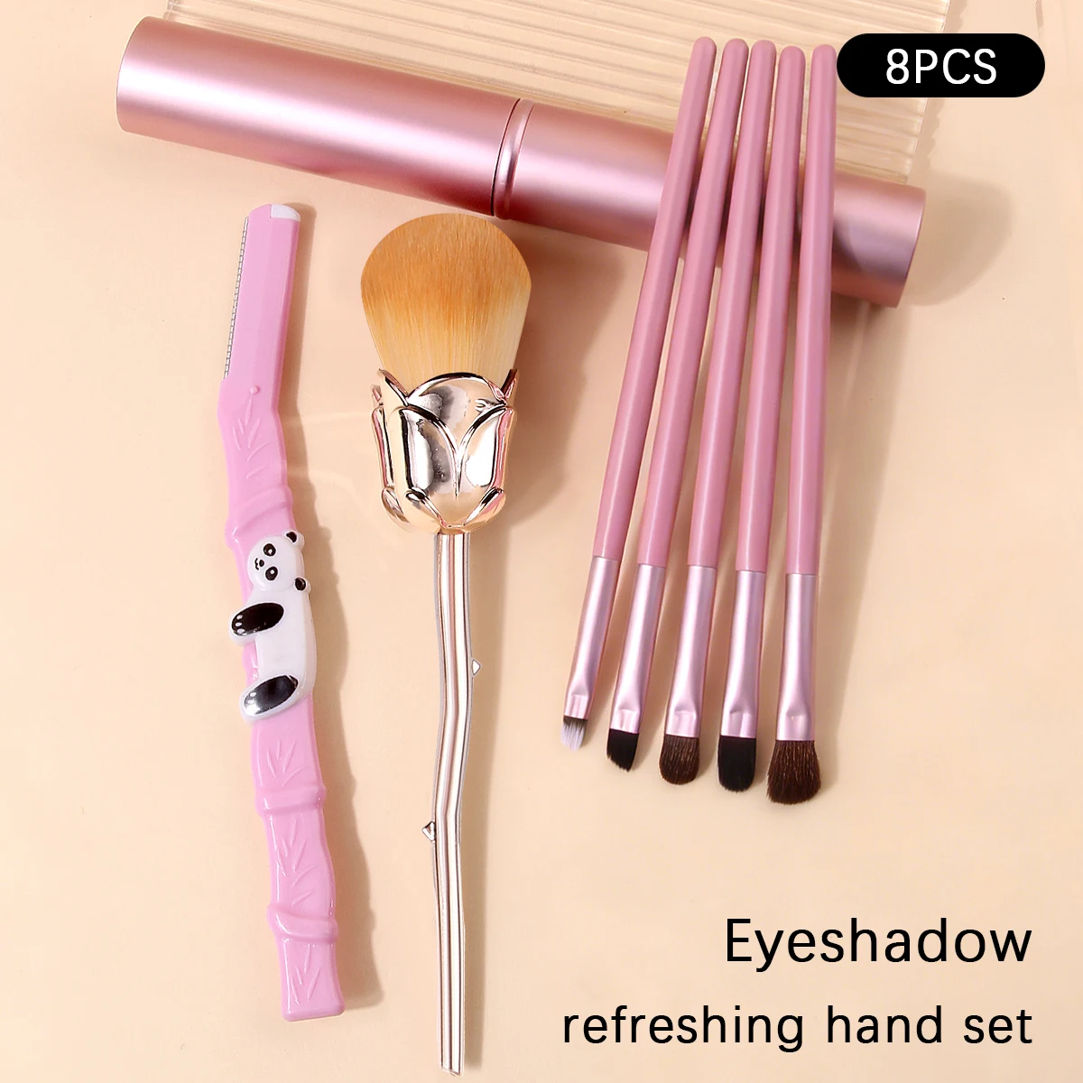 8-teiliges roséförmiges loses Puderpinsel- und multifunktionales Augen-Make-up-Pinsel-Set sowie Augenbrauenformmesser und tragbarer Aufbewahrungseimer