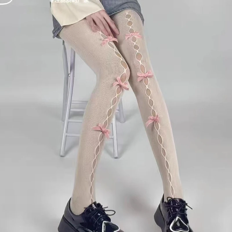 Lolita Girl Rete da pesca Collant di pizzo Bowknot Scava fuori Collant Sexy Sottile Ins Marea Calzamaglia Anime Calzini Nero Bianco Calze