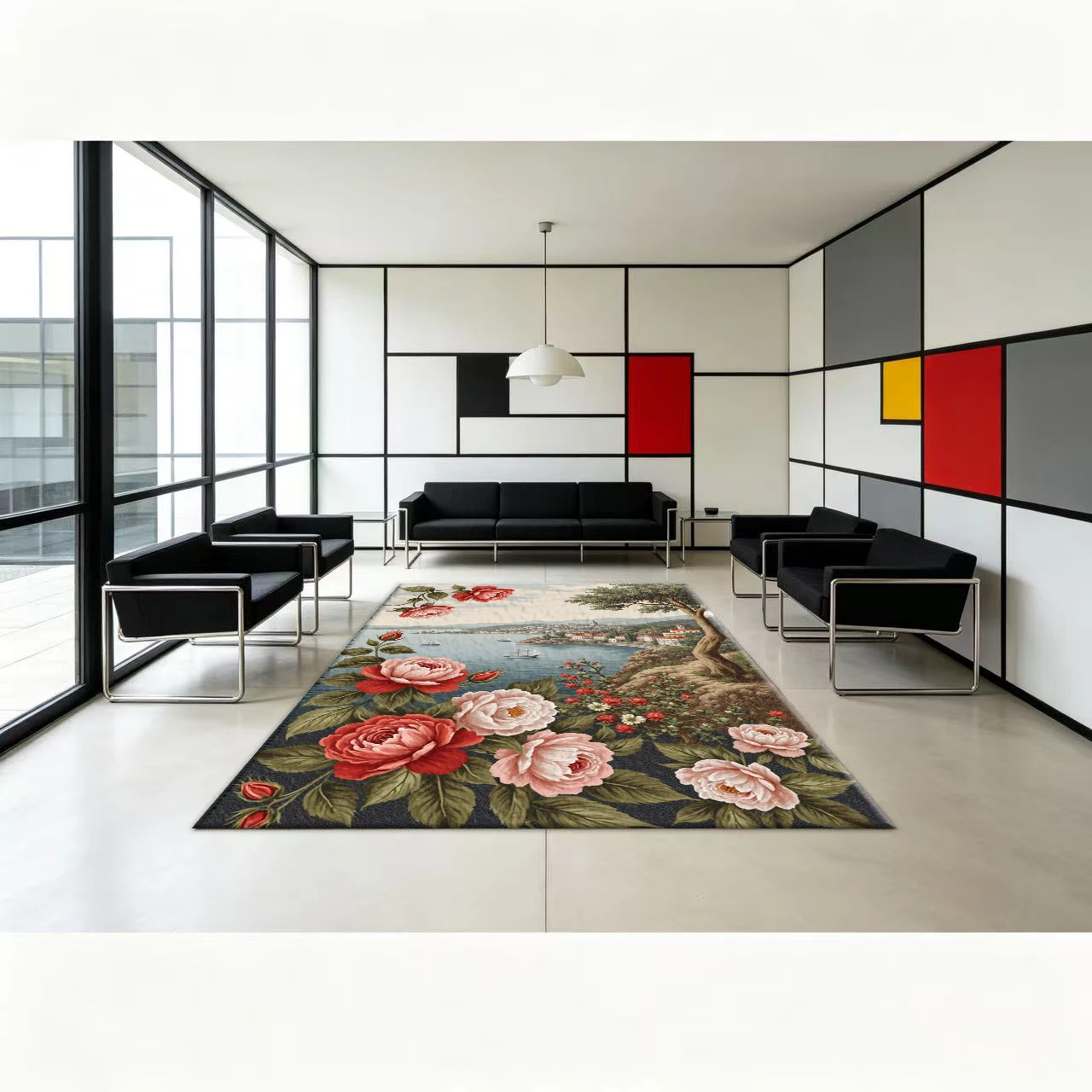 Vintage Rose Seaside Town Scenery Carpet Retro Landscape Floral Carpet Suitable for Living Room Study Home Decoration