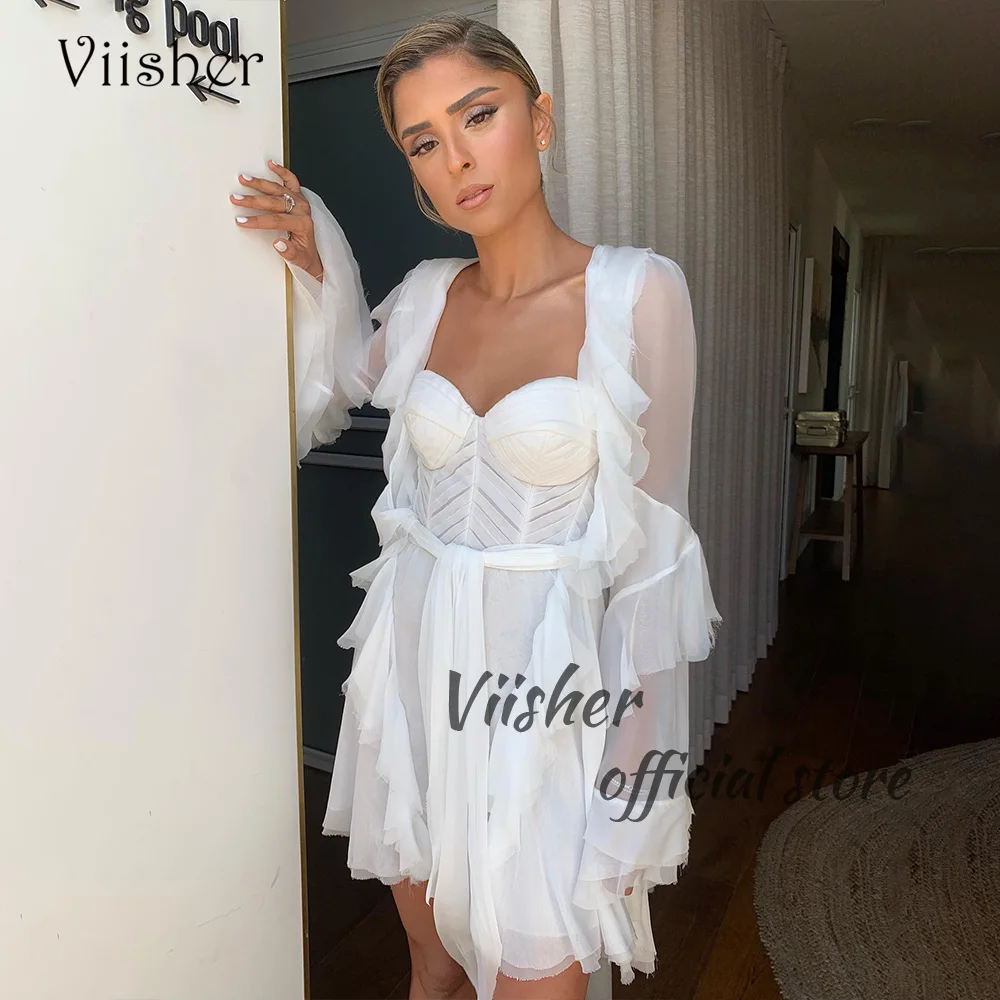 

Viisher White Ruffles Chiffon Short Wedding Dresses Long Sleeve Sweetheart Wedding Party Dress Above Knee Bride Gowns