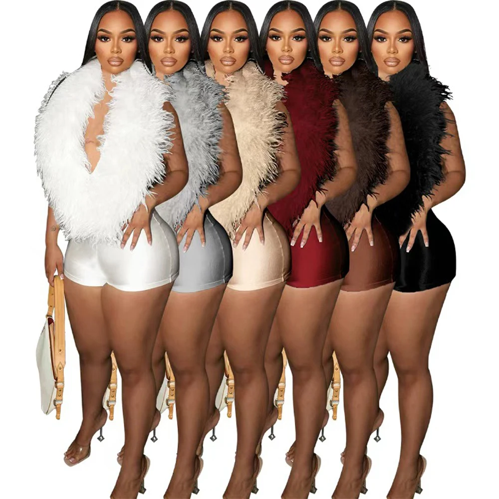 

Модные однотонные пушистые короткие комбинезоны из искусственного меха с открытой спиной и лямкой на шее, женские цельные комбинезоны для вечеринок и клубов, комбинезоны без рукавов