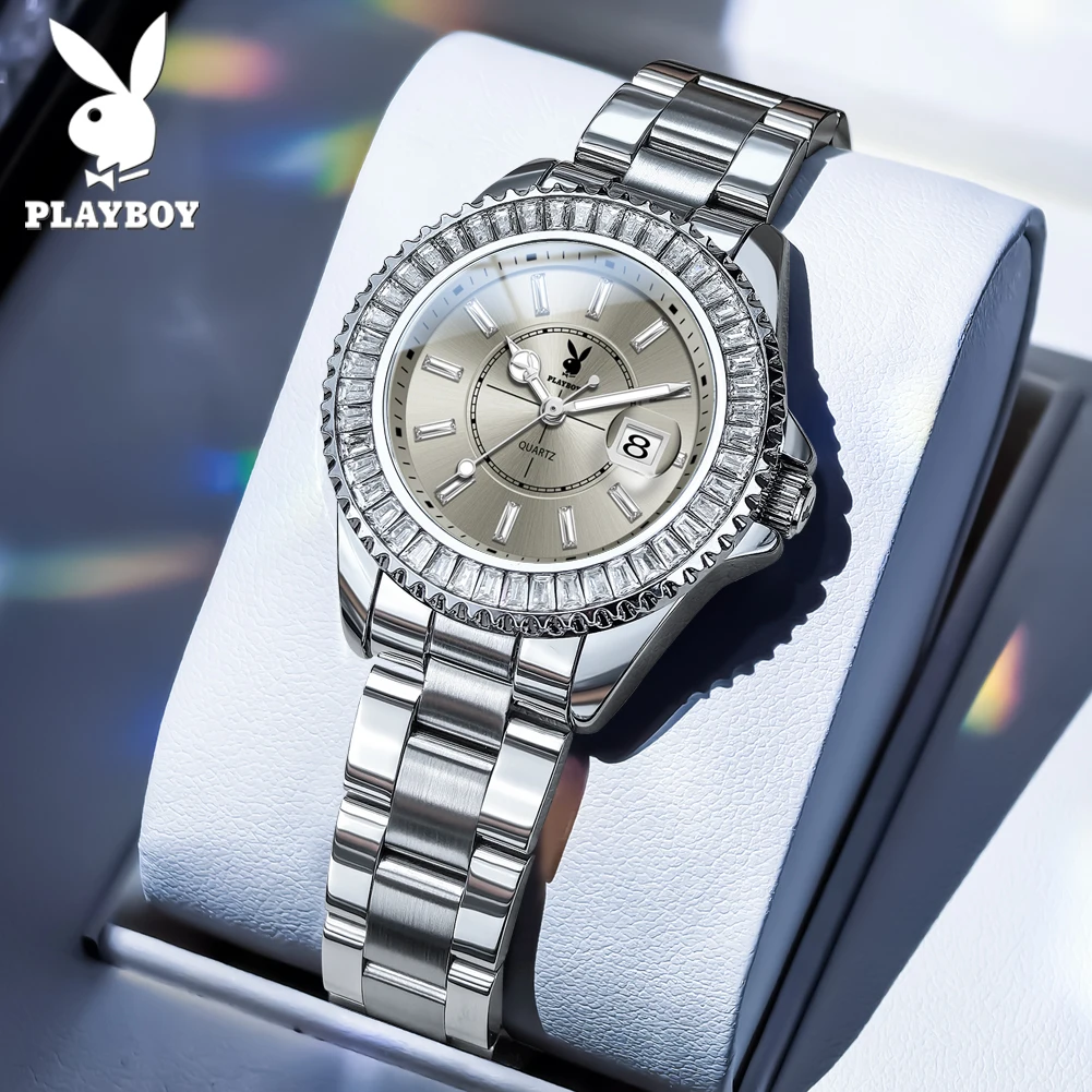 PLAYBOY Luxury Quartz Watch for Woman Hot Sale Diamond Bezel Original Solid Steel Strap Waterproof Women's Wristwatch Gifts 3528