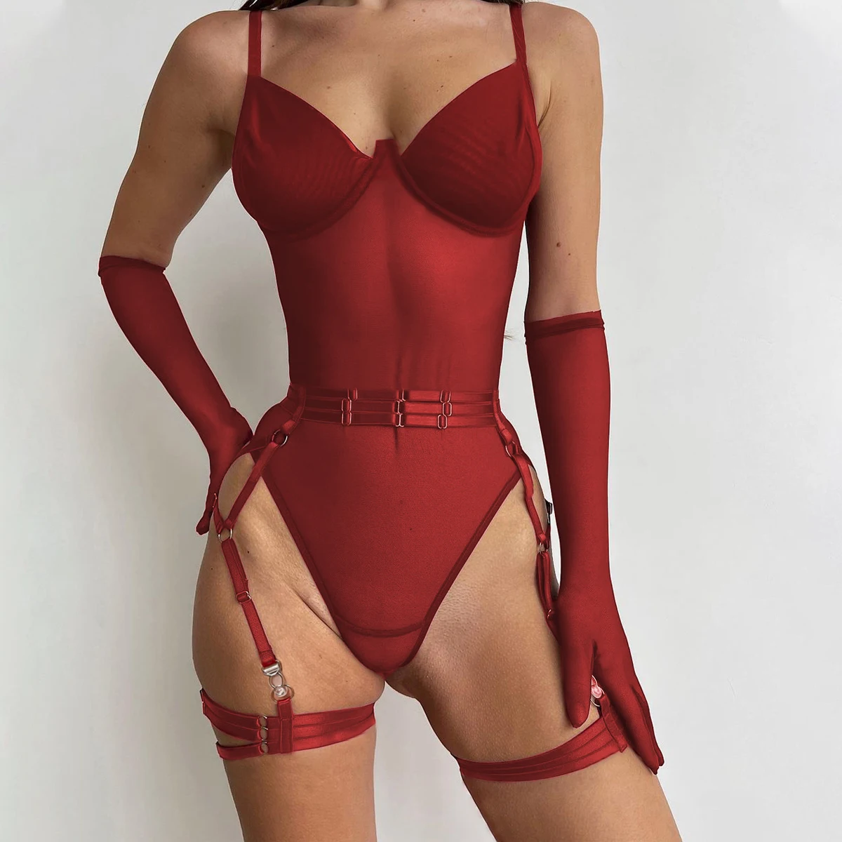 Women Sexy Corset Elasticity Temptation Body Bustier Underwear Push Up Slim Garter Belts With Glove three-piece Set Lingerie