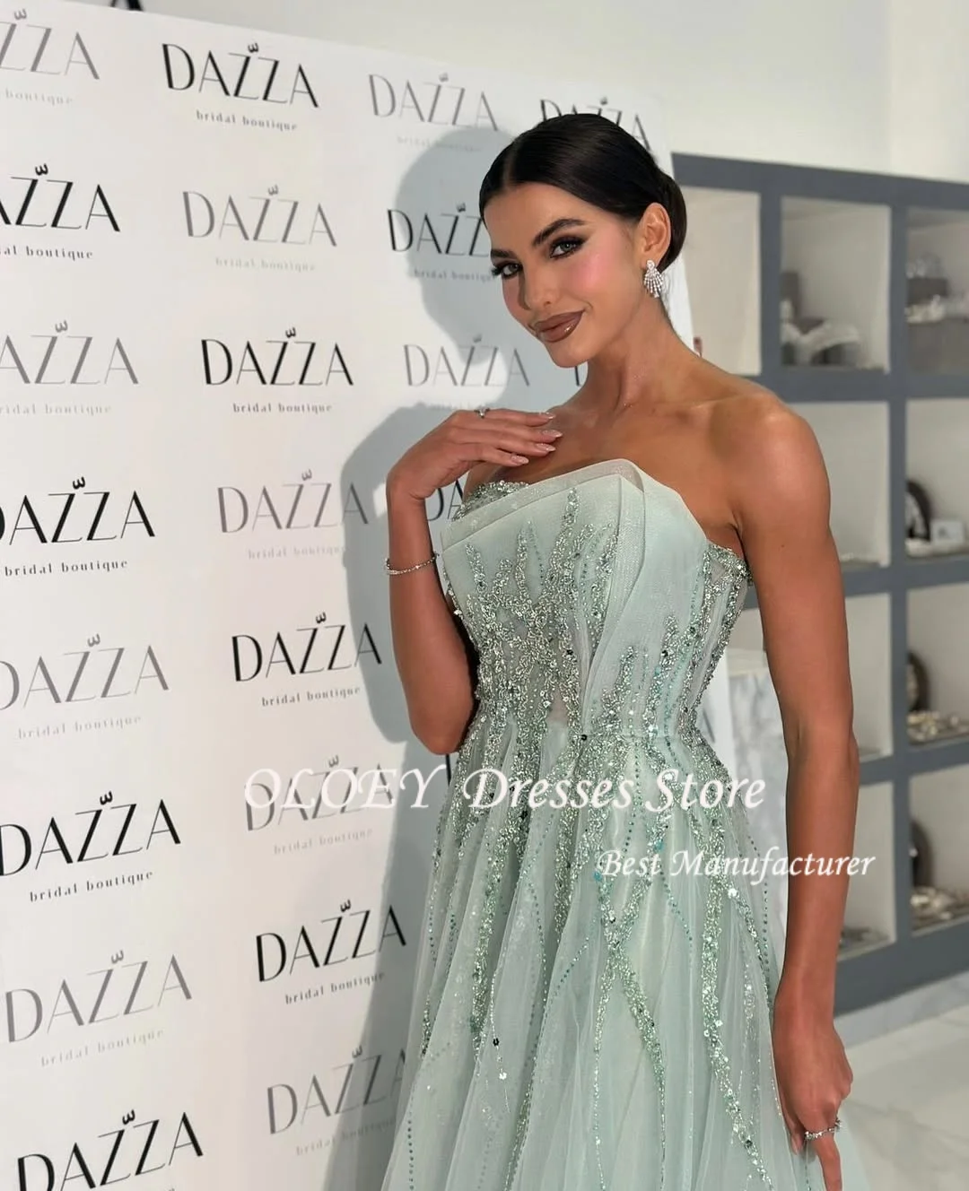 OLOEY Green Beadings Tulle Prom Dress Crystal Elegant Evening Dress Wedding Dress Sequins Formal Occasion Party Gowns Customized