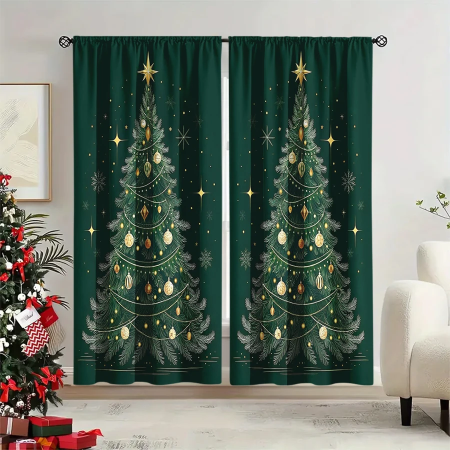 2PCS Christmas Winter Curtains, Elegant Christmas Tree Gold Ornament Star Green, Digital Print, Bedroom Living Room, Home Decor