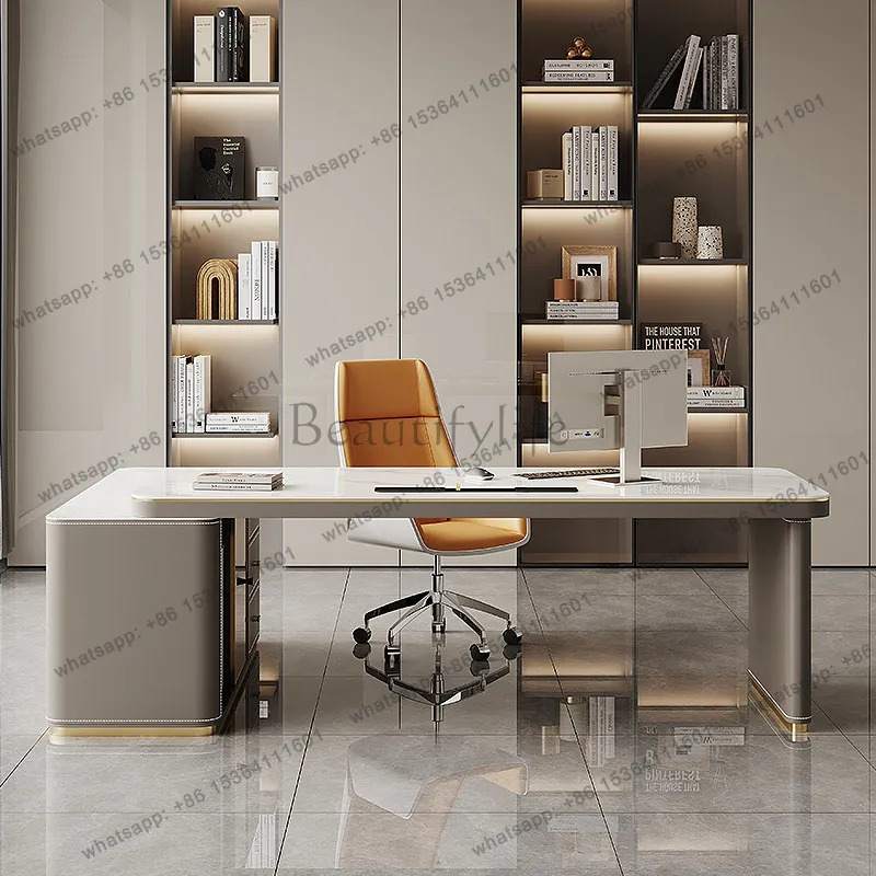 PG Minimalist Large Surface Corner Office Desk Sintered Stone Top with Gold Trim Leather Cabinet Base Multi-Function Home Table