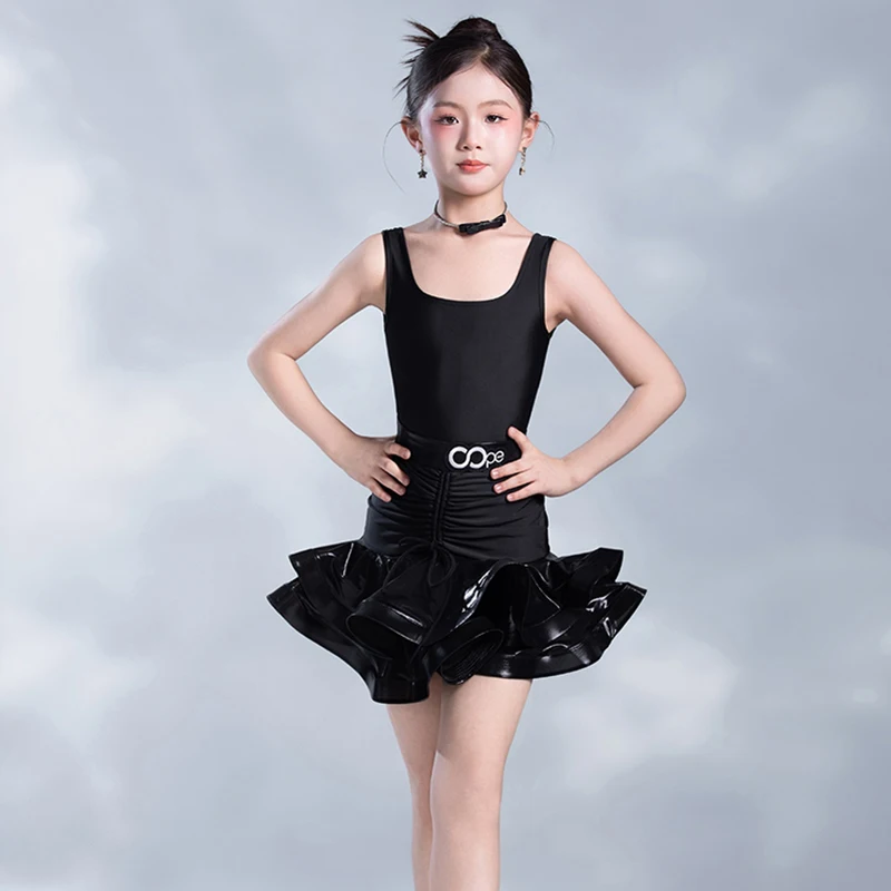 Meisjes Latin Danskostuum Kinder Samba Trainingskleding Prestatiekleding Latin Dans Lederen Visgraatrok Set XH2752