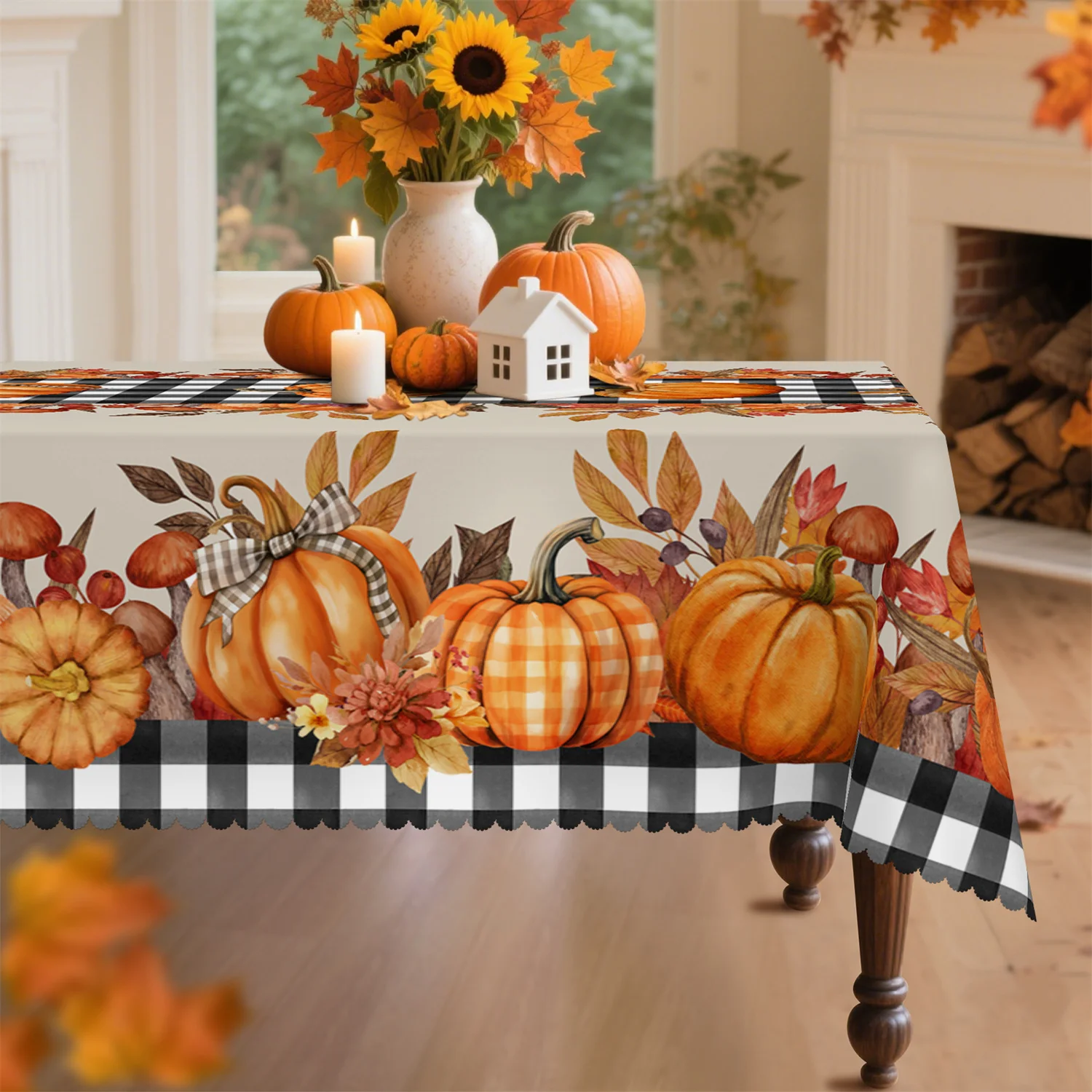 Pumpkin Mushroom Bowknot Maple Leaf Autumn Leaf Fall Tablecloth 1 Pack Suitable for Thanksgivingzyc