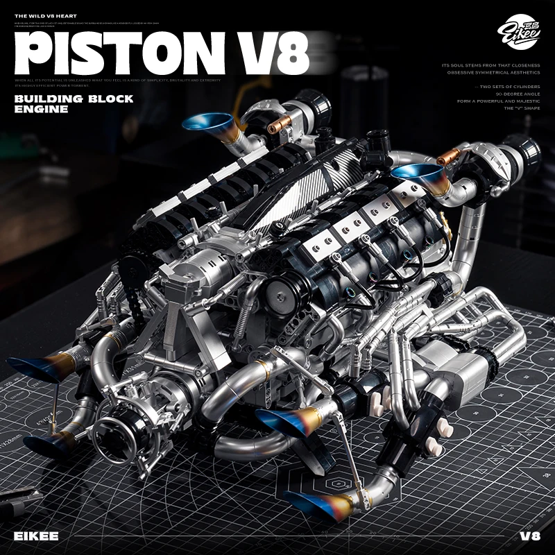 EIKEE Plated Silver Piston V8 Engine Blocks Movable V8 Mechanical Motor Model STEM Toy Gift For Car Fans Adult Collectors