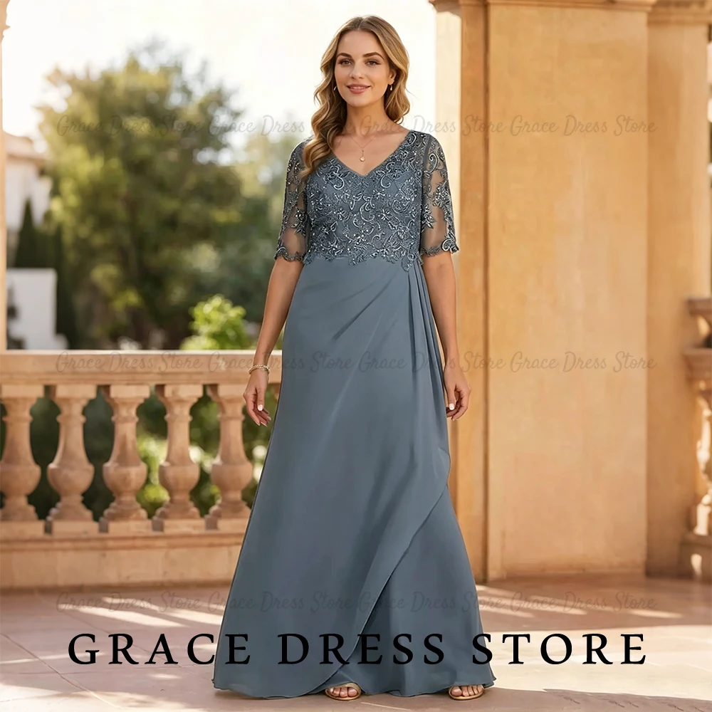 Grace Women's Wedding Party Attire V-Neck Beaded Lace Chiffon vestido madrinha casamento A‑Line Draped Guest Dresses Customized