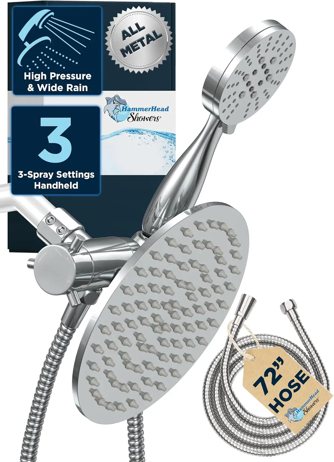 

Dual Shower Head Combo: 8-Inch Rainfall & Handheld with 3 Spray Options, Chrome Finish