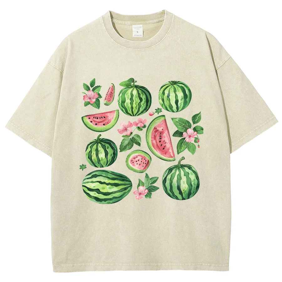 Vintage Fruit Watermelon Graphic Print T-shirt Gothic Women Tshirts Washed Short Sleeved Man Tops Round Neck General Tee
