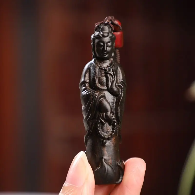 Antique Wood Carving Guanyin Bodhisattva Buddha Statue Handle Piece Amulet Car Buddha Plaque Decor Feng Shui Auspicious Craft