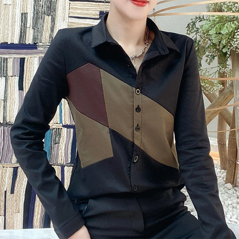 Spring Autumn Elegant Fashion Turn Down Collar Shirt Ladies Slim Casual Patchwork All-match Top Women Buttons Cardigan Blouse