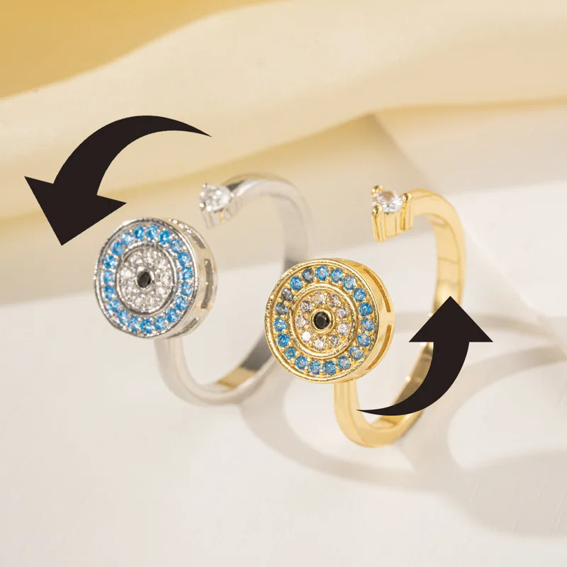 Viking Evil Eyes Rotating Adjustable Knuckle Rings For Women Crystal Anxiety Relief Spinning Ring Fidget Spinner Bague Femme
