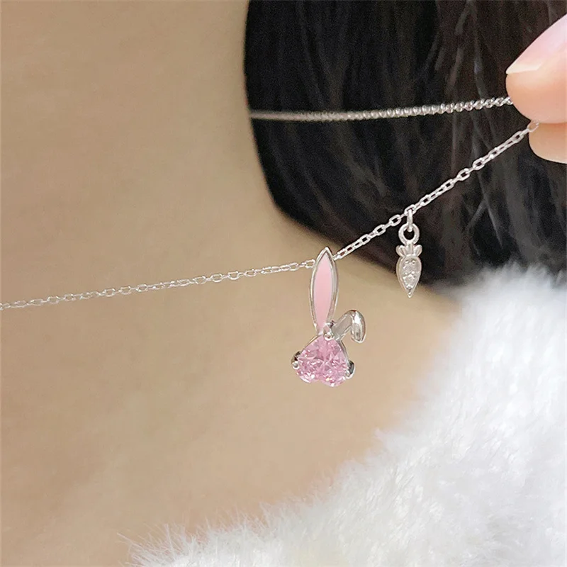 Cute Pink Heart Carrot Rabbit Pendant Necklace For Girls 2023 Zodiac Animal Pattern Necklace Silver 925 Women Anniversary Gift