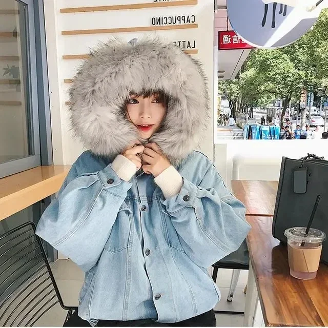 Faux Fur Collar Denim Jacket Women Winter Hooded Warm Jean Coat Student Basic Parkas Female Bomber Jacket