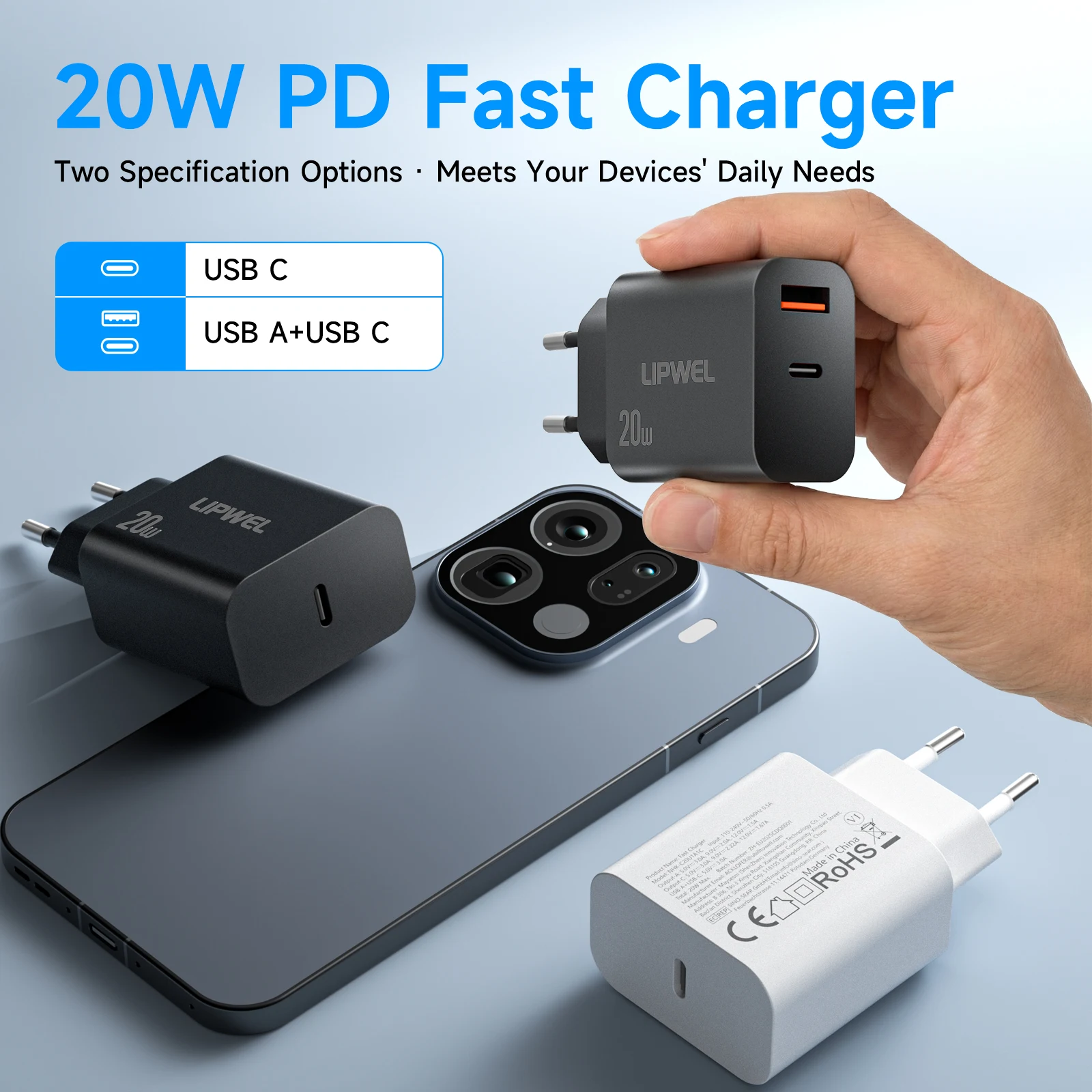 

Зарядное устройство LIPWEL 20W PD с быстрой зарядкой, USB-C и USB-A (два порта) / зарядное устройство с одним портом USB-C, настенное зарядное устройство для iPhone, для Samsung Galaxy, черное/белое