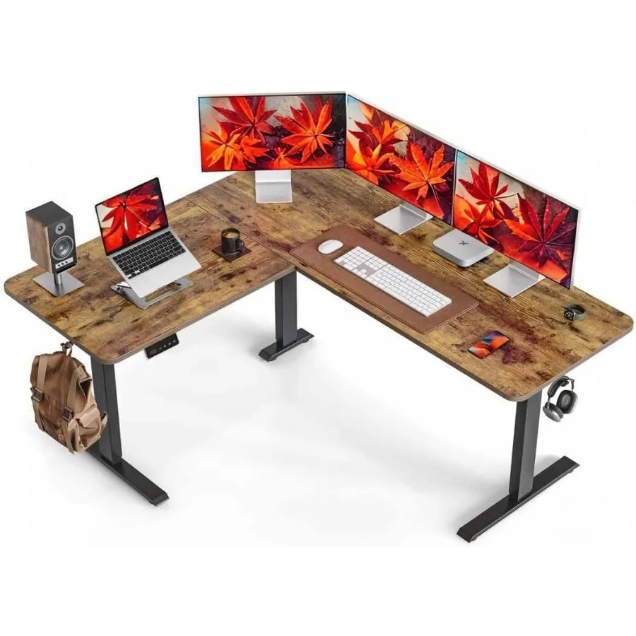 مكتب قائم على شكل حرف L 63 زاوية مكتب قائم على الجلوس حامل على شكل حرف L مكتب قابل للتعديل مع لوح لصق علوي بني ريفي #1