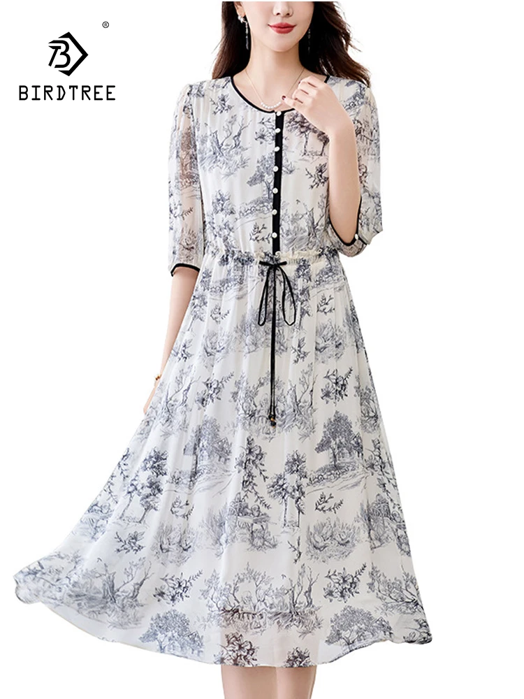 

BirdTree, 100%Real Silk Elegant Dress, Women Half Sleeve Ink Wash Printed, Retro Commute Dresses, 2024 Summer Autumn D46728QC