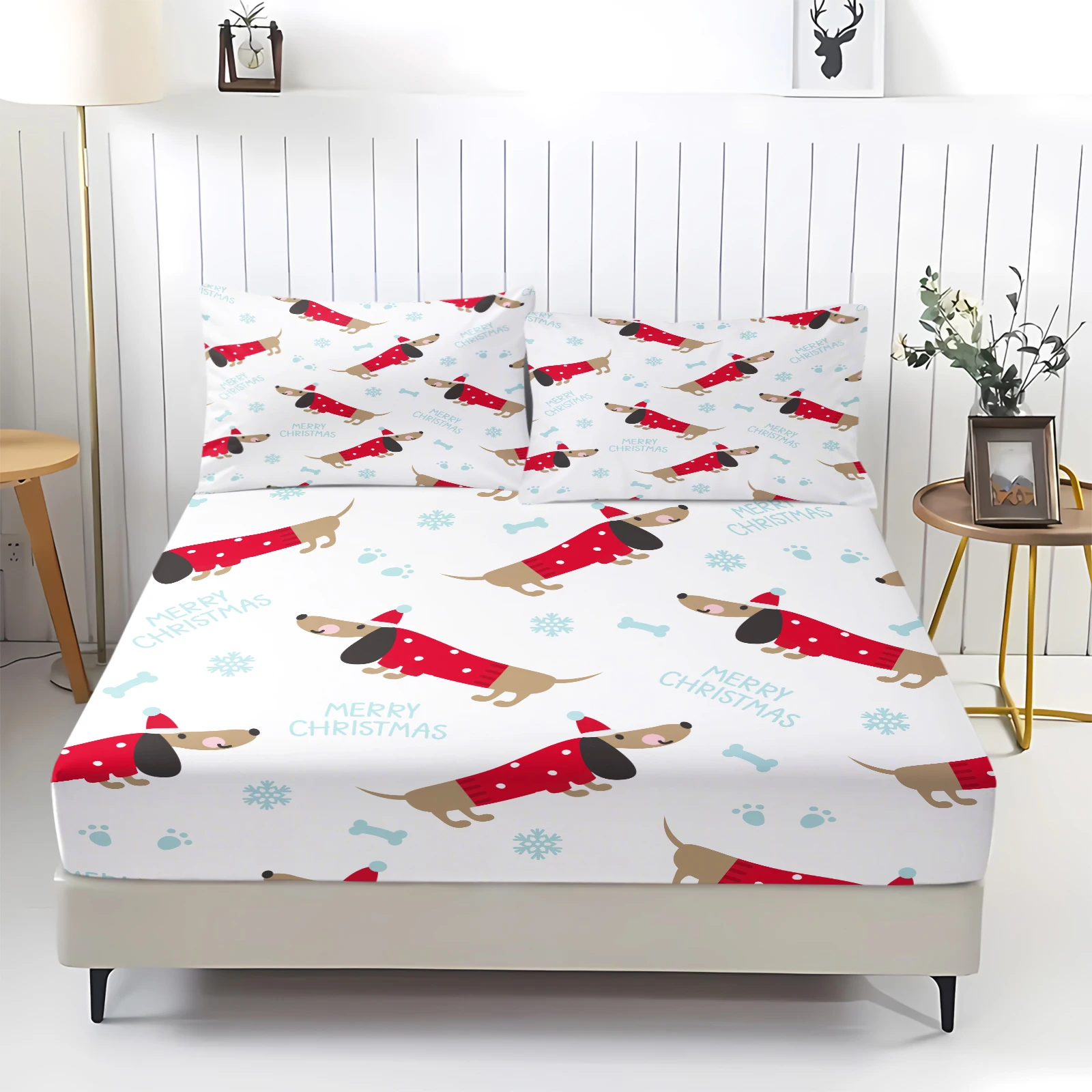 3Pcs Merry Christmas Dachshund Fitted Sheet Set, Red Sweater Dog & Snowflake Print, Festive Holiday Bedding, No Pillow Insert