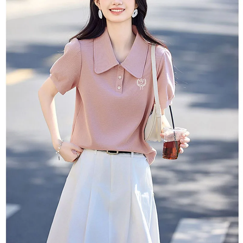 

Female Clothing 2025 Summer New Loose Short Sleeve Casual Tops Korean T-Shirts Fashion Lapel Embroidery Puff Sleeve Polo Shirts