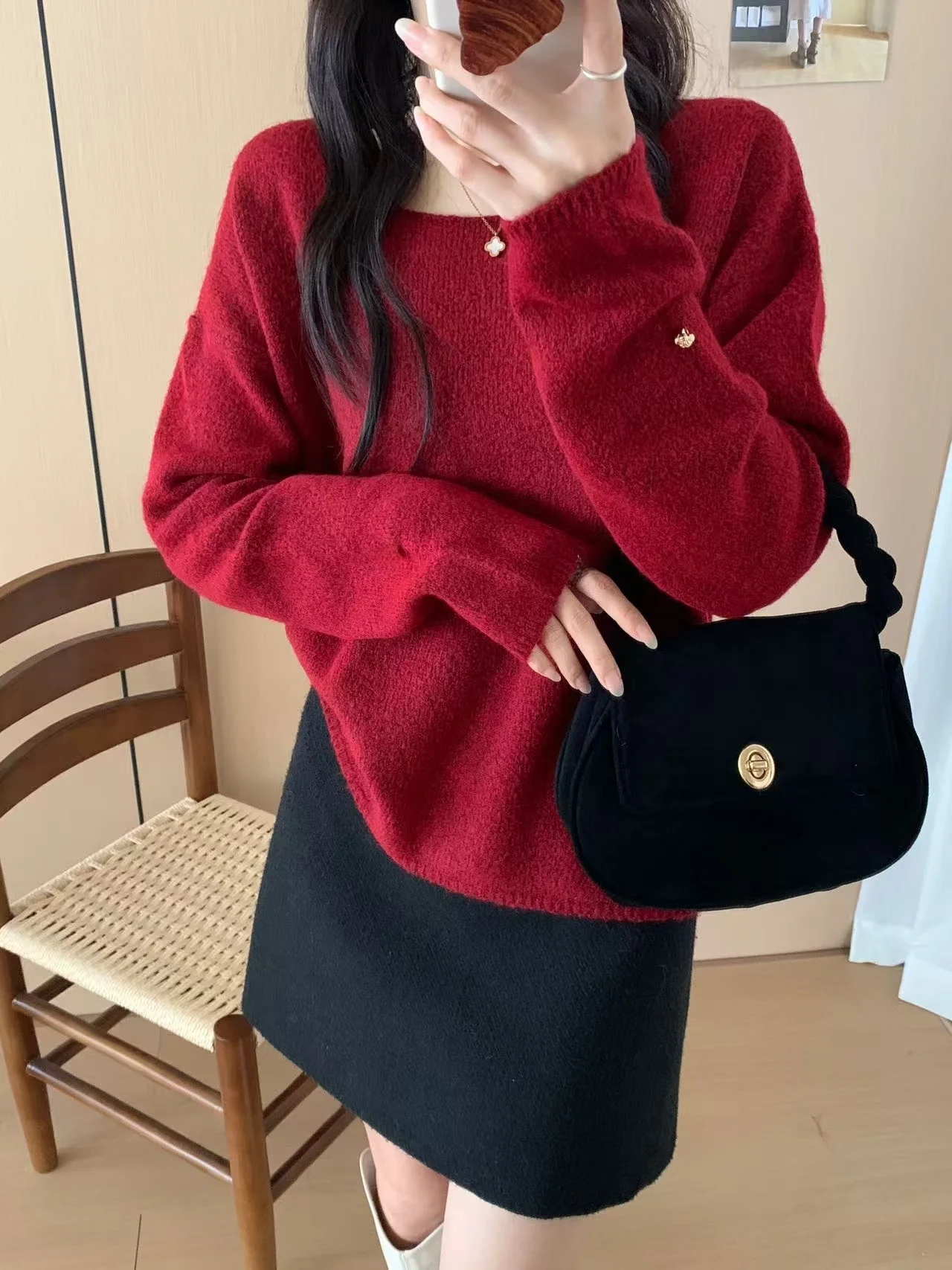 

Ele круглый пуловер Ne, женский осенне-зимний ленивый свитер, мягкий уютный базовый слой, вязаный топ, свободный крой, трикотаж