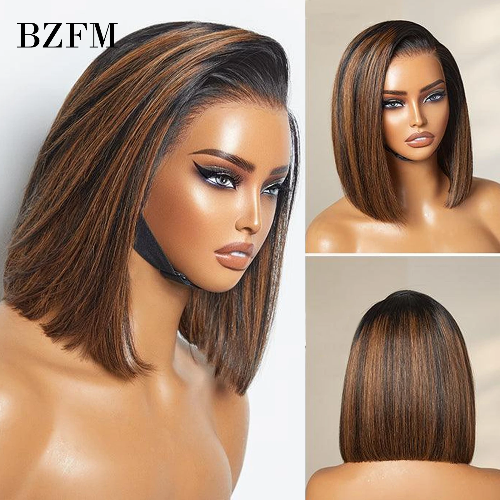 

Highlight Black Brown Colored 100% Human Hair Wig 13x4 Lace Frontal Wigs for Women 180 Density Short Straight Bob Lace Front Wig