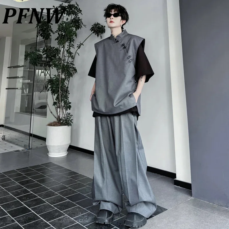 

PFNW New Fashion Men's Set Chinese Style Solid Color Stand Collar Multi Button Pullover Vest Casual Pants 2024 Summer 28W3287