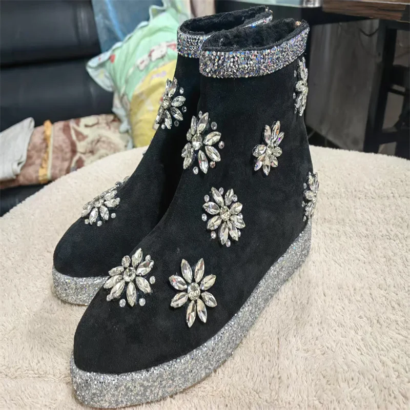 

Аксессуары с тяжелыми бриллиантами, женские хлопковые сапоги с высоким берцем и острым носком, роскошные утолщенные хлопковые туфли ручной работы на заказ, размеры 35-41