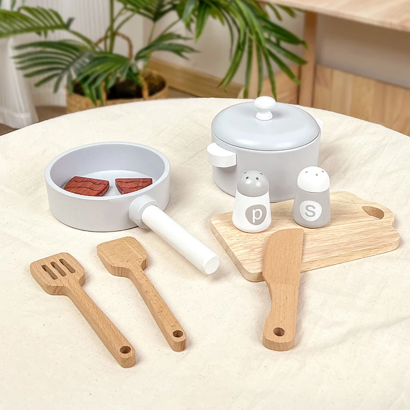 Juguetes de cocina de simulación para niños, Juguetes Educativos de Educación Temprana, ollas y sartenes de simulación de madera, comida, juego de rol para chef