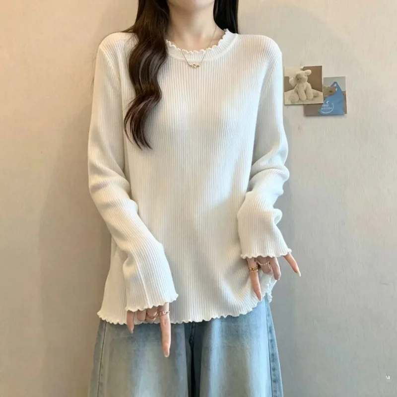 White Long Sleeve Knit Top Women Round Neck Wavy Hem Flared Cuff Pullover Blouse Casual Loose Fit Spring Autumn Wear