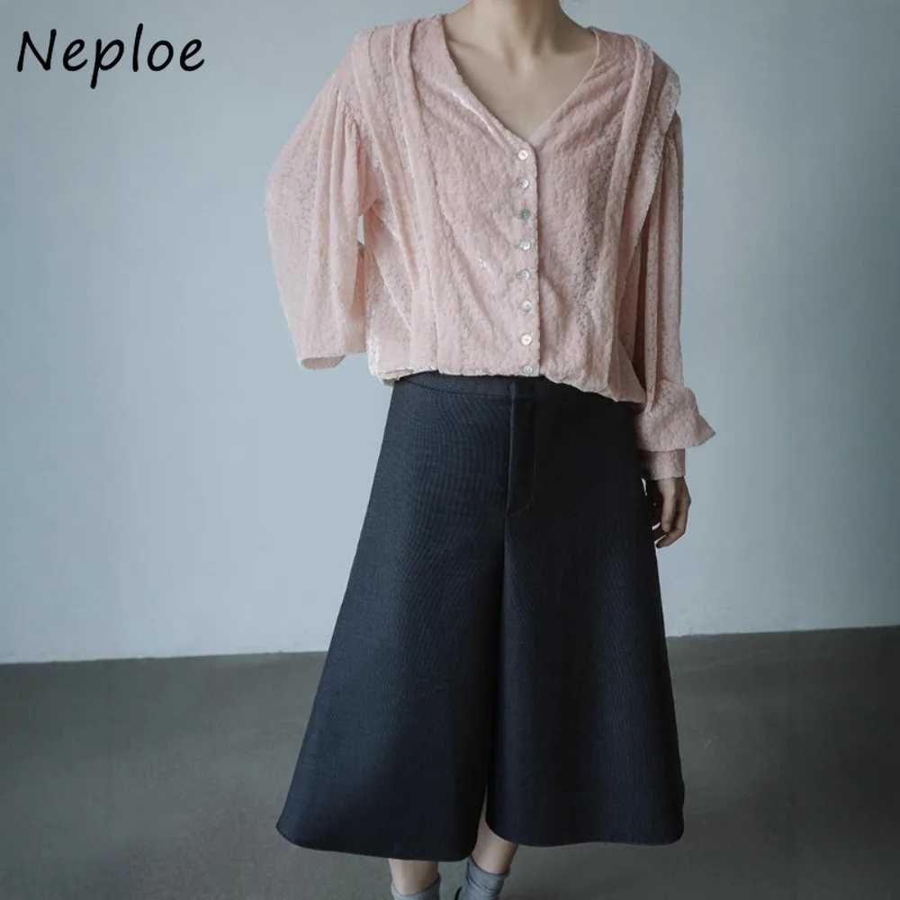 

Neploe Velvet V Neck Lantern Sleeve Sweet Ropa Mujer French Loose Slim All-match Blusas Japan Crochet Ruched Literary Shirts