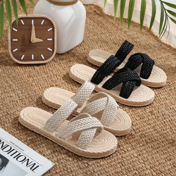 

Summer Women Braided Cross Strap Sandals Bohemian Woven Slides Flat Beach Slippers Non Slip Casual Outdoor Holiday Travel Shoes
