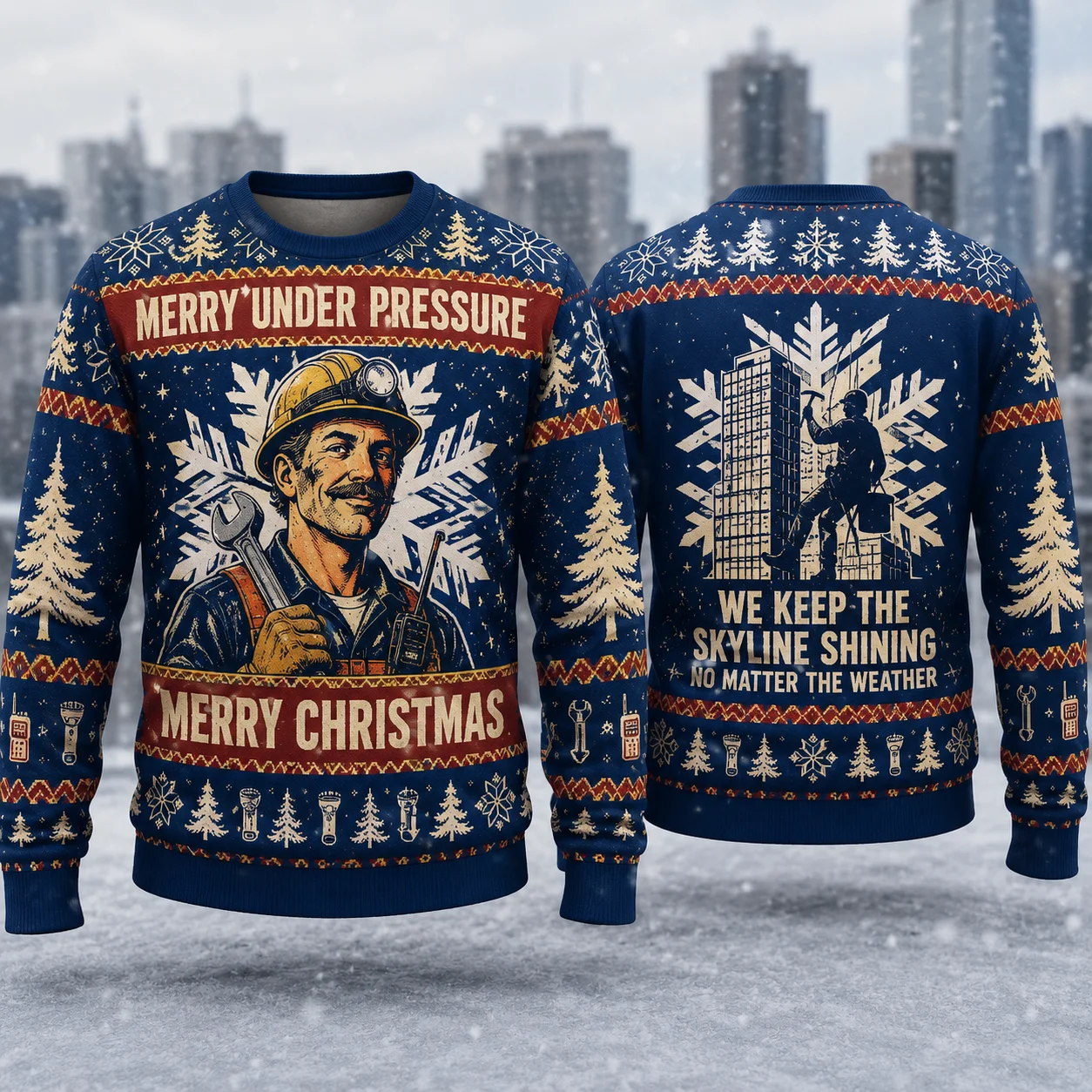 Ugly Christmas Sweater Building Maintenance Hero Crewneck Sweatshirt Polyester 3D Print Night Shift Holiday Pullover Gift