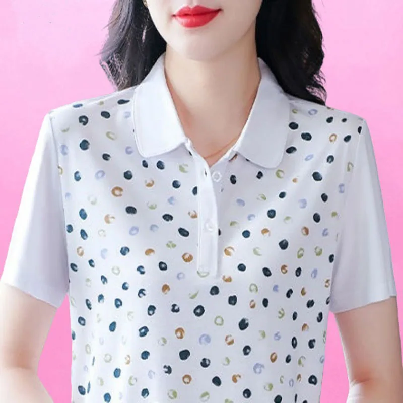 Mode Revers Korte Mouw Gedrukt Polka Dot Polo Shirts Dameskleding 2025, Zomer Nieuwe Losse Casual Tops Commuter Tee Shirt