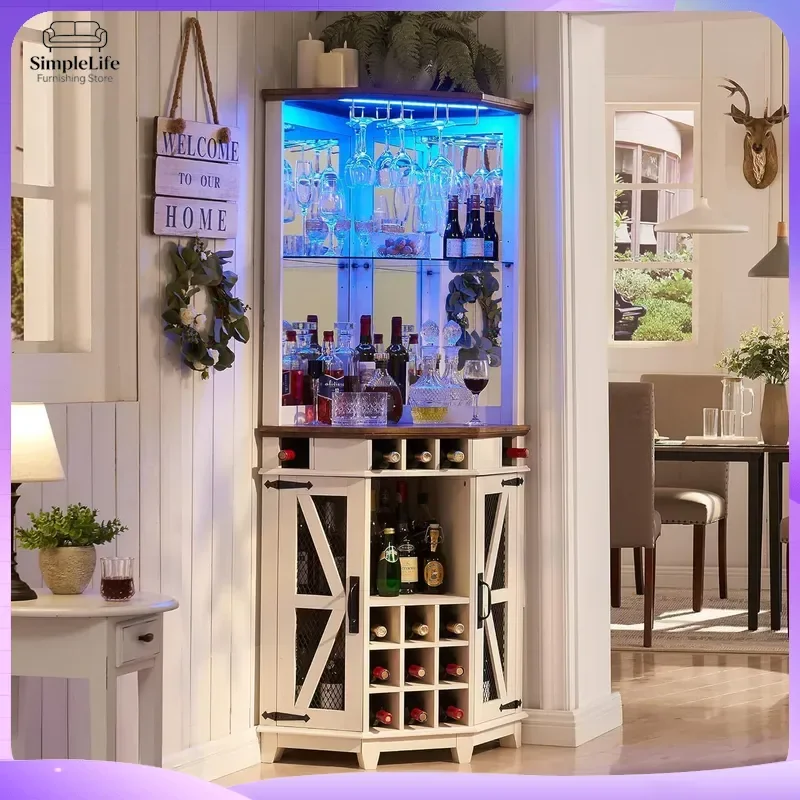 Corner Bar Cabinet with LED Lights Adjustable Wine Rack Glass Door Multifunctional Storage Cabinet for Home Bar Kitchen