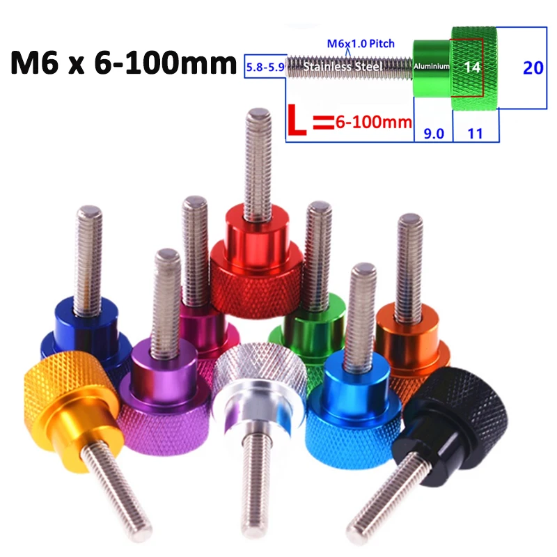 1pc M6x6/8/10/12/15/18/20/25/30-100mm Colorful Aluminium Alloy Stainless Knurled Thumb Screw Hand Grip Knob Step Bolt Anodized