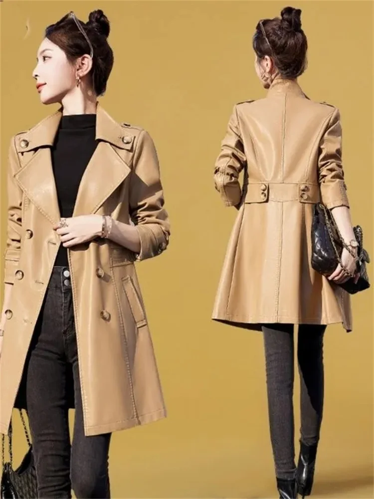 

Blazer Leather Outcoat Women's Spring Autumn 2023 New Mid Length Slim Fashion High Autumn PU Leather Jacket Trench Coat Female