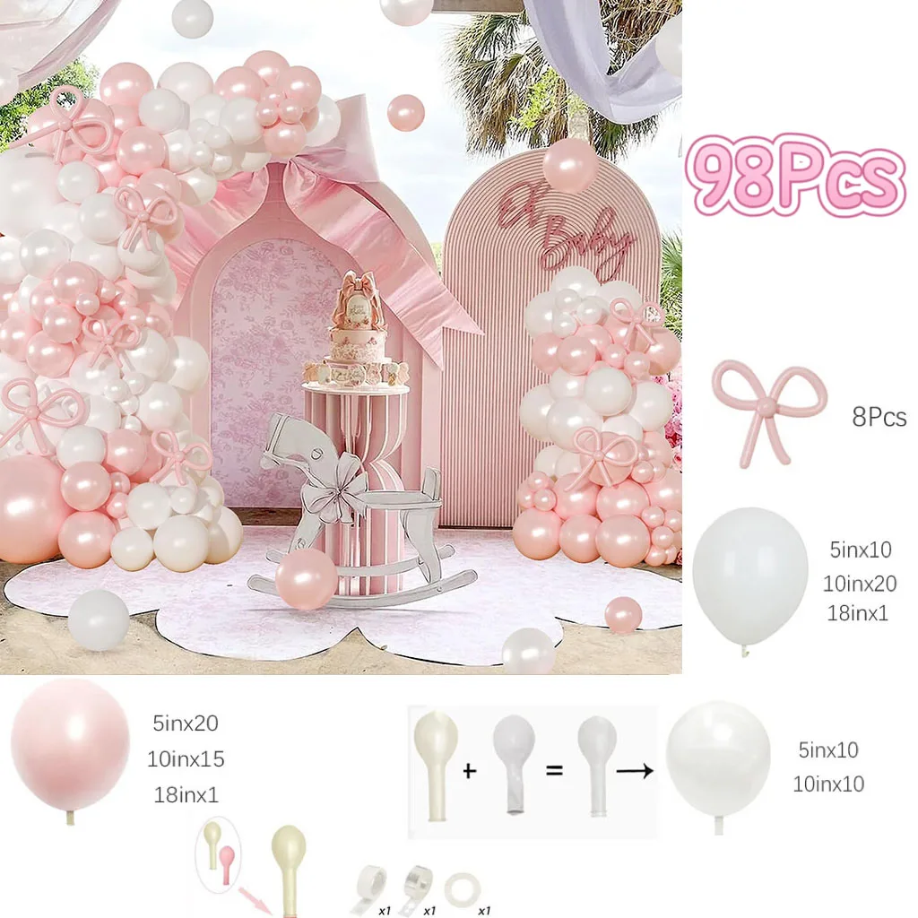 98Pcs Double Stuffed Pearl Pink and White Latex Balloons for Wedding Birthday Bridal Shower Engagement Baby Shower Party Decor