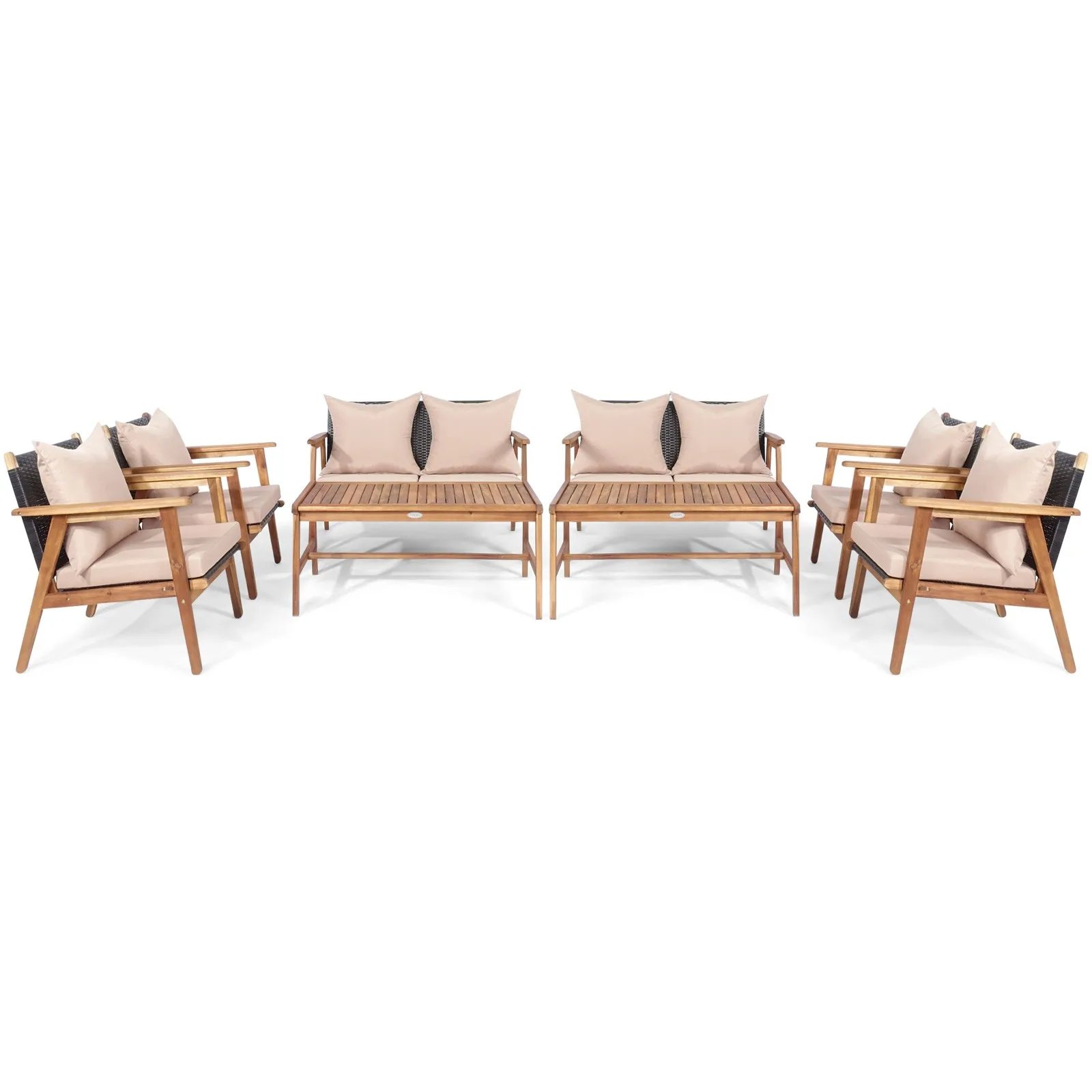 

8PCS Patio Rattan Furniture Set Acacia Wood Frame Cushioned Sofa Chair Garden