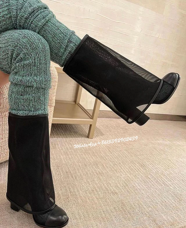 

Women Hollow Mesh Flip Up Sleeve Boots Thick Heel Black Loose Knee Booties Round Mary Jane Elegant Shoes Slip On Sexy Casual