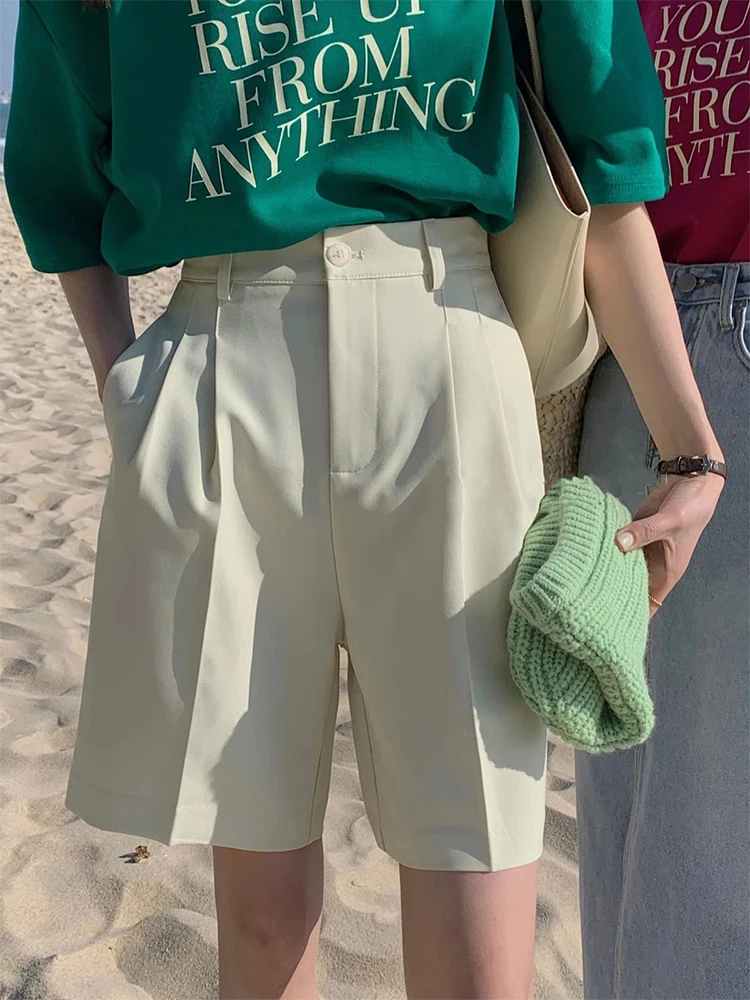 الأساسية مطوي واسعة الساق سراويل تقليدية المرأة الصيف جديد Sle مباراة بسيطة مستقيم خمسة أرباع orts القطن عالية الخصر #4