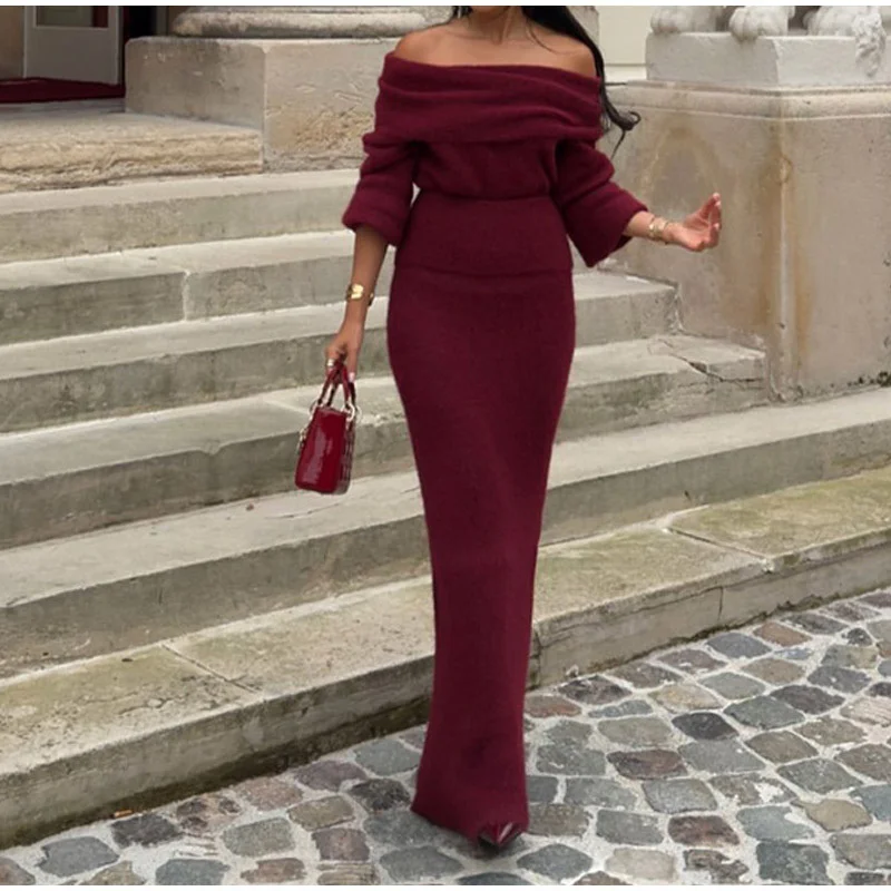 

Elegant Red Wine Off Shoulder Knitted Maxi Dresses Women Long Sleeve Pleated Slim Vestido Dress 2024 Autumn Night Party Robes