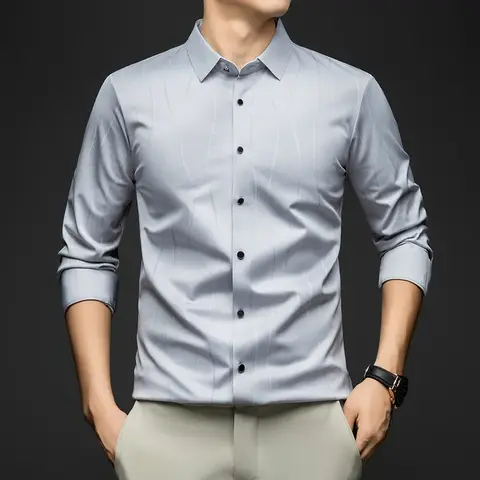 BROWON 2025 Höstskjorta med mullbärssiden för män Långärmad Business Slim Fit Lyxskjorta Herr Fyrkantig Krage Herr Arbetskläder 8 best sales herrskjorta med genomskinlig passform - №4