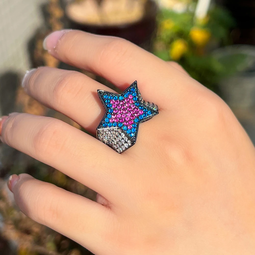BeaQueen Vintage Fashion Star Shape Rings for Women Rock Party Blue Pink CZ Crystal Black Gold Plated Finger Jewelry Gifts R153