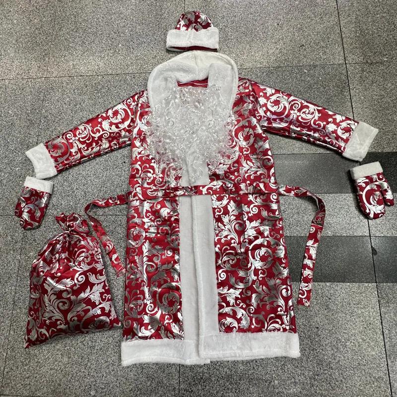 Strój Świętego Mikołaja z czapką, brodą, rękawiczkami, kostium na występy świąteczne, kostium na imprezę, kostium świąteczny