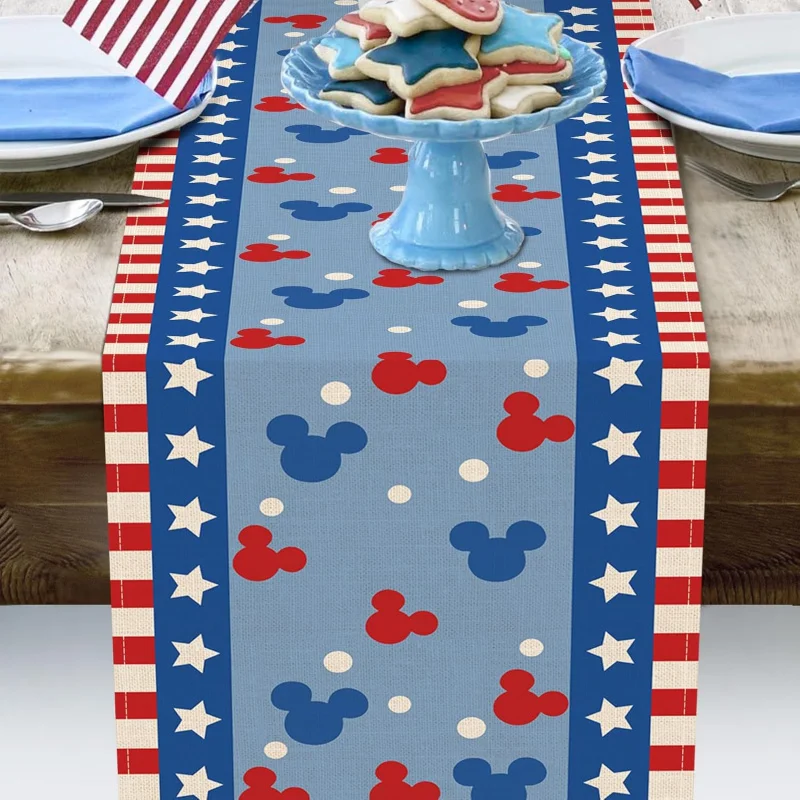VIKAMA Mickey Mouse Star and Stripe Table Runner Patriotic American Style Decor for Independence Day Party Family Dinner