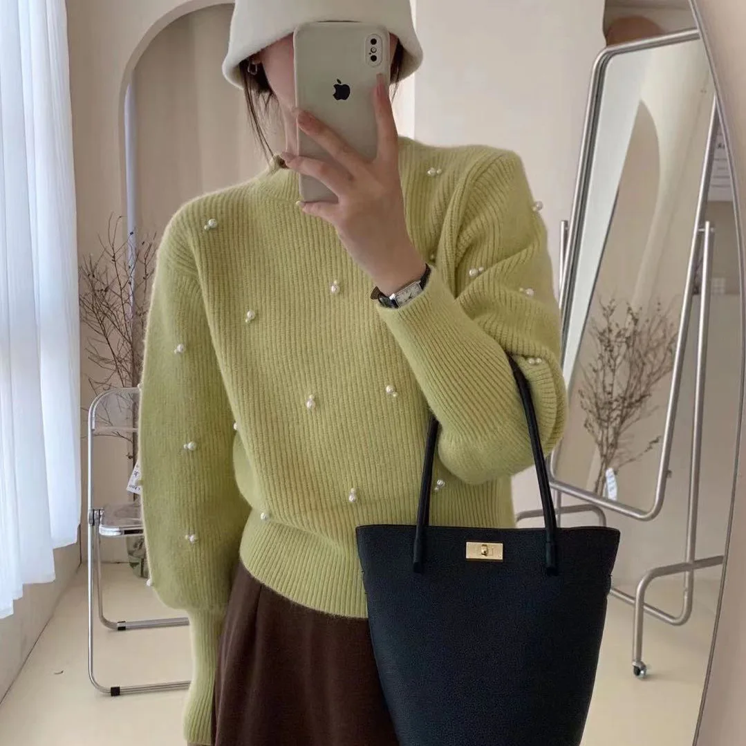 

Soft and Glutinous Round Neck Pullover Pearl Sweater 2025 Autumn Winter French Base Knitted Sweater Top
