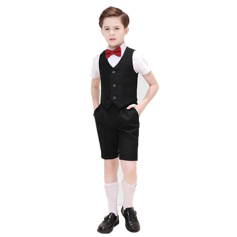 

2022 Boys Summer Wedding Suit Kids Graduation Vest Shirt Shorts Bowtie 4PCS Formal Suit Child Costume Teenager Photography Suit